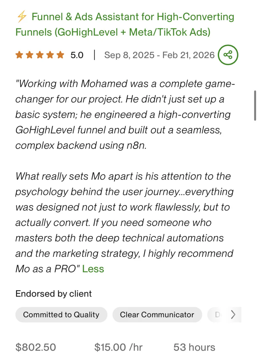 تقييم عميل 5 نجوم، «I highly recommend Mo as a PRO»